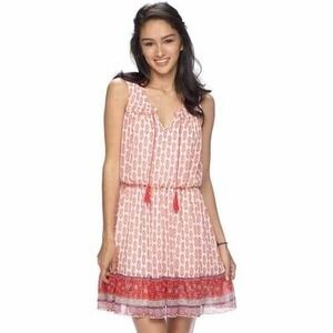 LILY‎ ROSE Size Large Split Neck Blouson Orange Print Chiffon Mini Boho Dress